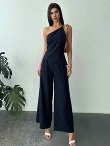 Nuevo conjunto de verano elegante de vacaciones de 2 piezas de lino, con top de cintura fruncida y espalda descubierta de dobladillo asimétrico en color albaricoque y pantalón largo de cintura alta - Azul marino - Ver 4