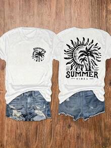Round Neck T-Shirt With Letter Print, Beach And Sun, Casual Short Sleeve Top For Women, Women's Clothing - Breathable And Skin-Friendly - 白色 - 查看 1
