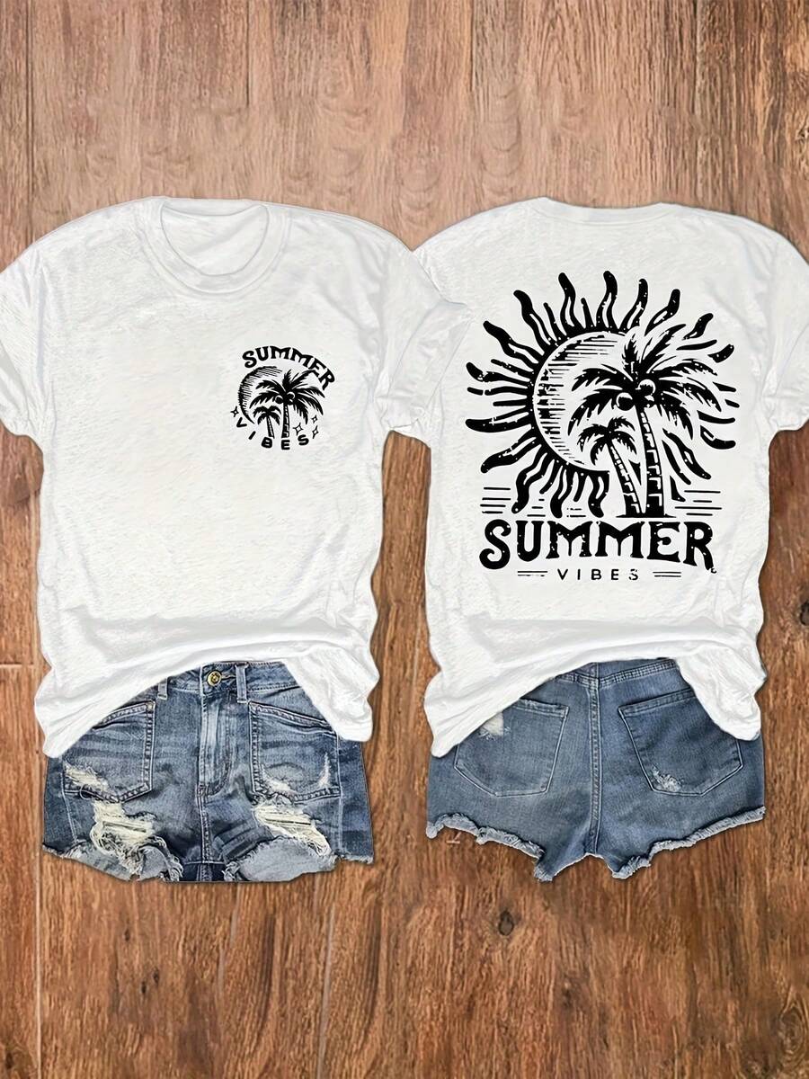 Round Neck T-Shirt With Letter Print, Beach And Sun, Casual Short Sleeve Top For Women, Women's Clothing - Breathable And Skin-Friendly - 白色 - 查看 1
