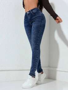 Jeans vaqueros de mujer ceñidos con bolsillos, informales y versátiles - Azul lavado oscuro - Ver 5