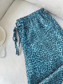 Pantalones anchos de pierna negros con diseño de estampado de leopardo retro elegante, pantalones rectos con cintura elástica con cordón, uso casual, vuelta al colegio - Celeste - Ver 3