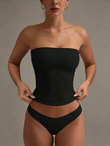 Camiseta sin tirantes sexy básica, top tubo ajustado de unicolor y elástico a la moda, adecuado para mujeres en todas las estaciones, casual negro de verano - Negro - Ver 6