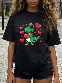 ropa de calor mujer Ropa de verano para mujer, camiseta de algodón suave y casual con cuello redondo, estampado de dinosaurio verde de dibujos animados con gafas de sol en forma de corazón.Blanco. - Negro - Ver 3