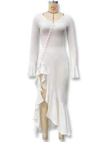 Sexy Maxi Dress In A Sexy Girl Style, Bell Sleeves, Fitted With Buttons And A Side Slit, Elegant European Fashion - 白色 - 查看 6