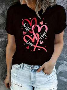 Camiseta de Mujer Talla Grande para el Día de San Valentín, Fe Cristiana, Esperanza, Amor, Corazones, Religiosa, 1 Pieza, Divertida, con Estampado Gráfico, Manga Corta, Novedosa, 100% Algodón, Versátil, Cuello Redondo, Casual, Adecuada para primavera, verano y otoño. - Negro - Ver 1