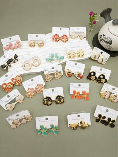 24PCS Elegant Stainless Steel Enamel Earrings For Ladies, Featuring Gold-Plated Versions With Various Designs Such As Butterflies, Hearts, And Flowers. These Are Fashionable Daily Wear Accessories (Random Styles) Suitable For Daily Gatherings, Birthdays, Festivals, Etc. They Are Also Excellent Choices For Giving As Gifts To Friends Or Partners.