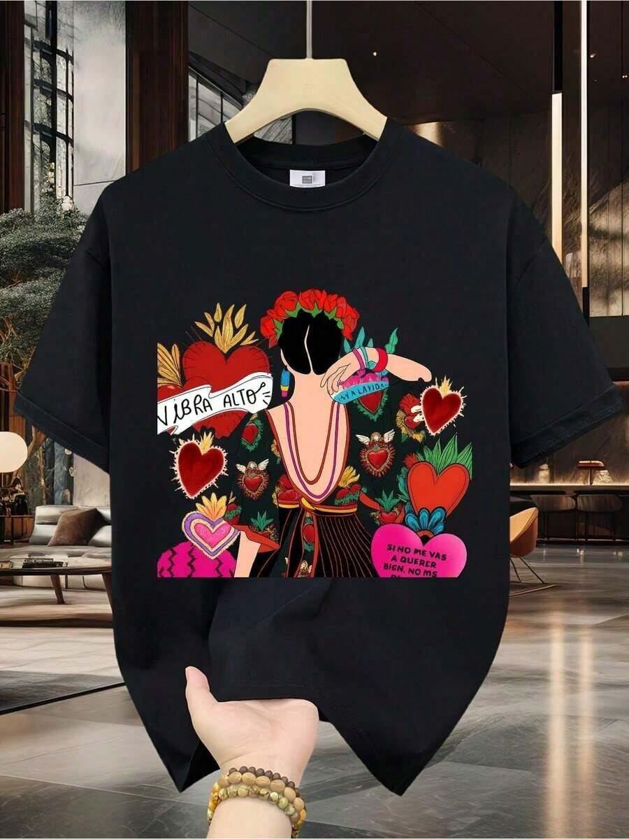 Soft 100% Cotton Men's T-Shirt - Short Sleeve, Crew Neck, Digital Print, Comfortable For All Seasons, Machine Washable, Ideal For Everyday Wear, Crew Neck, Circular Design, Casual Summer T-Shirt Muscle Freaks Frida Hearts Mexican Folk Art Style Pattern - 黑色 - 查看 1