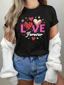 Playera de manga cortaminimalistamodernodetallagrande,camisetademujerdetallagrandeconestampadoderosasycorazonesAmorPara siempre-Blusarománticademangacortaycuelloredondo,regaloparaelDíadeSanValentín,casualyversátillavableamáquinaidealparamujeresconCurvas. Camisa de mujer Casual 100% Algodón 100% Algodón - Negro - Ver 1