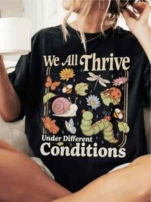 BCBA Neurodiversity Casual T-Shirt | Designed For Special Education Teachers And Mental Health Advocates With The Slogan "We Thrive In Different Environments", Colorful Insect And Flower Print, REGULAR Fit, Short Sleeve Casual T-Shirt, Hand Wash Only, 100% Cotton, Durable. - 黑色 - 查看 1