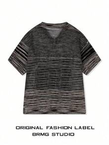 春夏新款男士學院風V領數位刺繡白色針織上衣，中性V領短袖套頭衫，返校季 - 咖啡棕 - 查看 3