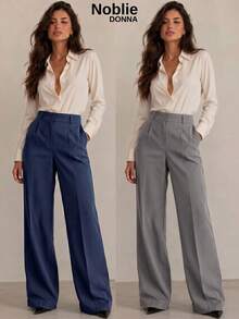 Set Of 2 Tailored Wide Leg High-Waisted Palazzo Pants, Elegant, With Front Button - 1 件藏青色 1 件灰色 - 查看 1
