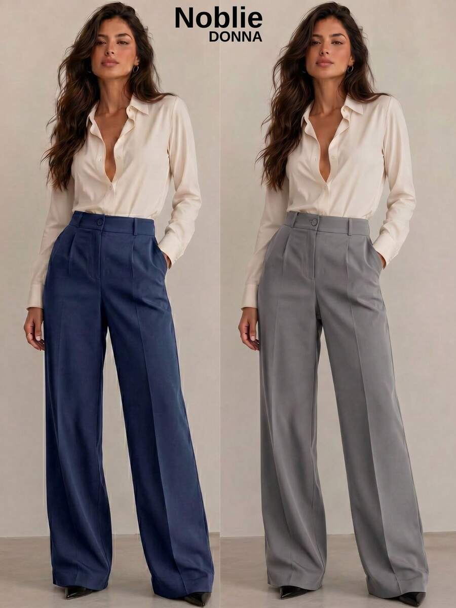 Set Of 2 Tailored Wide Leg High-Waisted Palazzo Pants, Elegant, With Front Button - 1 件藏青色 1 件灰色 - 查看 1