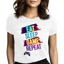 Tops para mujer de manga corta para niñas con estampado del eslogan de gamer Comer, Dormir, Jugar, Repetir y diseño de controlador de videojuegos. El corte holgado e informal perfecto para la vuelta al cole, fiestas de videojuegos o uso casual. Estilo de Verano. - Blanco - Ver 8