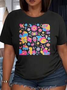 1 pieza Camiseta con Estampado Abstracto Colorido para Mujer, Top Casual de Moda, Estilo Veraniego, Diseño Vibrante, Camiseta Artística Unisex, Ropa para Fiesta, 220g, 100% Algodónropa de calor mujer - Negro - Ver 1