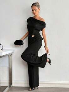 Conjunto informal de top con hombros fruncidos y decoración metálica, y pantalones de mujer de unicolor - Negro - Ver 7