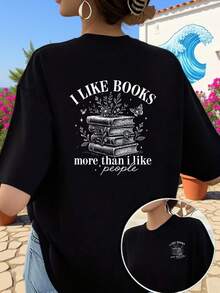 Camiseta de manga corta - Amor por los libros, amantes de los libros - Camiseta estampada de moda para mujer, primavera/verano, ¡tu mejor elección! - Tela ligera y suave - Negro - Ver 2