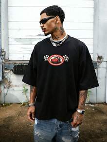 Men's Disney Cars Lightning McQueen Tee, Retro Piston Cup Print, Loose Fit, Casual Streetwear. - 黑色 - 查看 2