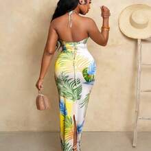 Women's Tropical Plant Print Hollow-Out Sexy Tie Neck Dress, Vacation Wear - Multicolor - Ver 3