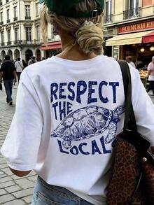 1 pieza, envío gratis, camiseta de algodón 100% para mujer con estampado gráfico de tortuga marina "Respect The Locals" - Camiseta blanca de manga corta con cuello redondo y estampado de vida marina azul, estilo playero informal y estético, ropa de calle para vacaciones de verano, estilo playero informal y estético 2026 - Ropa de playa para mujer, ropa linda, ropa para conciertos 100% algodón. - Blanco - Ver 6