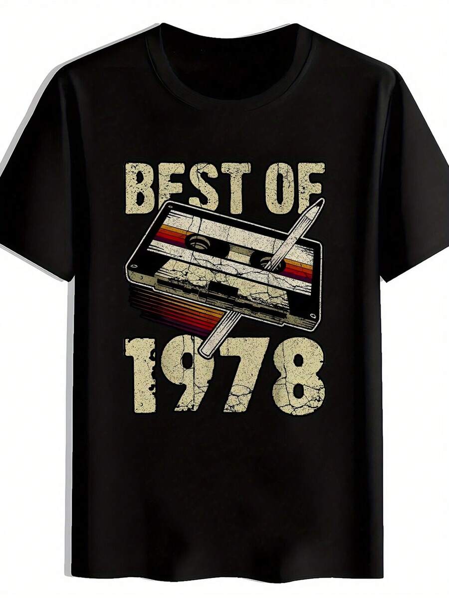 Camiseta casual de hombre con cuello redondo y estampado de rayas de colores tipo cinta de casete, prenda superior versátil de hombre con estampado , regalo para hombre - Negro - Ver 1