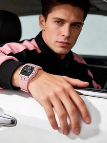 Guess Unisex Tonneau Skeleton Watch Pink Transparent Case Black Multifunctional Dial Silicone Strap Y2K Fashion Timepiece For Couple Matching Outfit Music Festival Night Out Streetwear Ideal Gift For Him Her BFF Birthday Anniversary Holiday - 粉色 - 查看 3
