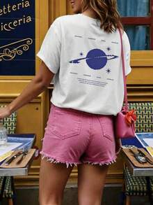 Playera Casual Oversize Mujer con Diseño "Saturno Pixelado" - Estilo Espacial y Aesthetic ADOV - Blanco - Ver 2
