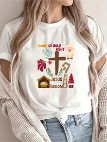 [Recomendación de Nueva Llegada] Camiseta estampada con temática navideña, ropa casual para mujer, ideal para vacaciones, manga corta con cuello redondo, primavera/verano, lavable a máquina, ropa nueva para mujer, versátil para salir, efecto adelgazante, camiseta deportiva para mujer, camiseta casual para mujer. Blusas Bonito 100% Algodón - Blanco - Ver 7