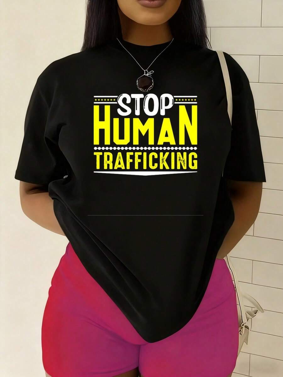 Camiseta de Mujer "Detén la Trata de Personas" 180G 100% - Concienciación sobre la Esclavitud, Estampado Simbólico, Cuello Redondo, Manga Corta, Ropa Casual I para Eventos de Recaudación de Fondos, Navidad, Lavable a Máquinara Uso en Todas las Estaciones ()