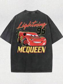 Men's Disney Washed Lightning McQueen Flame Tee, Retro Racing Print, Loose Fit, Premium Cotton. - Black - View 2