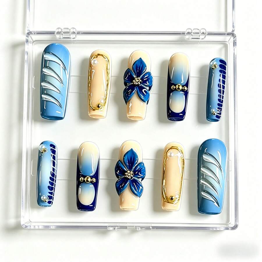 NailLuxe 10 PCS 100% Handmade Reusable Acrylic Square Press-On Nails | Nude & Blue Gradient 3D Flower Luxury Style With Nude, Blue & Ombre Bases, 3D Flower, Gold Chain & Pearl Embellishments - Màu xanh lam - Xem 1