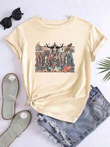 Camiseta de mujer de corte holgado e informal con estampado gráfico de letras MAMA y cabeza de vacaPure-Cotton - Albaricoque - Ver 1