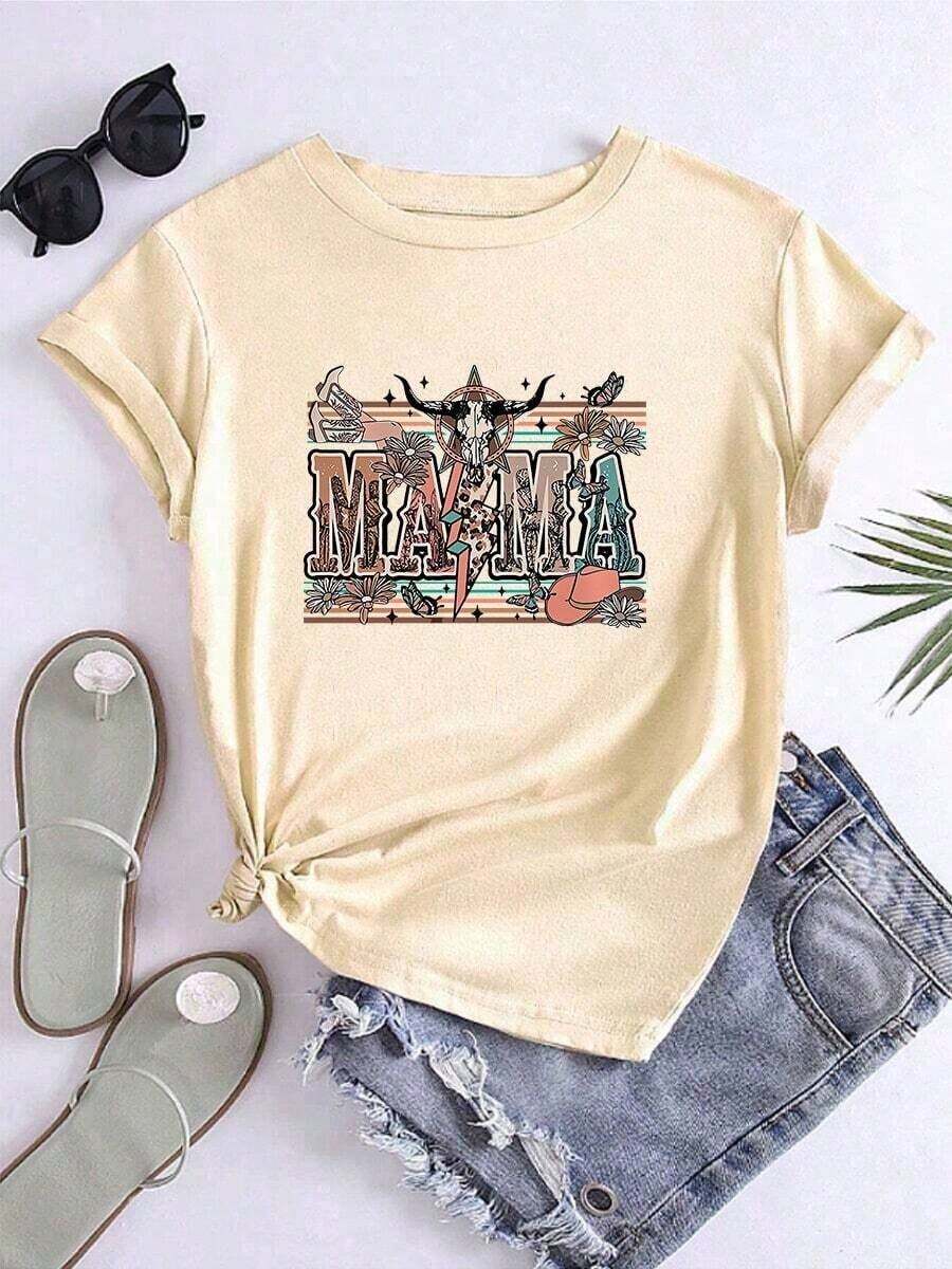Camiseta de mujer de corte holgado e informal con estampado gráfico de letras MAMA y cabeza de vacaPure-Cotton - Albaricoque - Ver 1