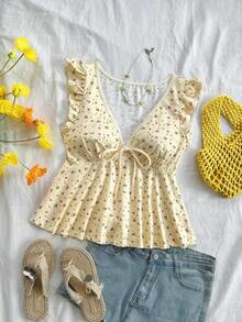Camiseta de mujer con patrón de flores pequeñas sobre telas texturizadas, cuello en V con nudo delantero, para vacaciones de verano, tiempo libre y vuelta al colegio - Multicolor 2 - Ver 5