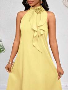 Lady Vestido de longitud media naranja con decoración de volantes florales tridimensionales en el cuello.Elegante y holgado para damas.Ideal para vacaciones de primavera y verano.Estilo bohemio. - Amarillo claro - Ver 6