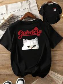 Short-Sleeved T-Shirt With Front And Back Print, Gabriela,  Casual Women's T-Shirt With White Cat Motif, Casual Round Neck And Short Sleeves, Ideal For Summer And Spring, Women's Clothing - Black - View 1