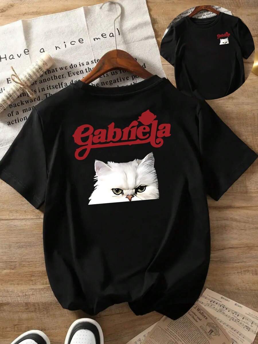 Short-Sleeved T-Shirt With Front And Back Print, Gabriela,  Casual Women's T-Shirt With White Cat Motif, Casual Round Neck And Short Sleeves, Ideal For Summer And Spring, Women's Clothing - Black - View 1