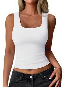 Women's Double Lined Tank Top Fitted Scoop Neck Casual Basic Summer Tank Sleeveless Tops - White - View 2