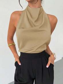 negra ajustada de estilo casual y elegante para la temporada de primavera/verano, con cuello asimétrico, sin mangas, escote halter, espalda descubierta y decoración de lazo - Caqui 2 - Ver 3