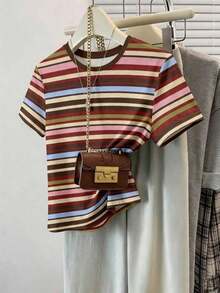 Frenchy Camiseta de mujer de manga corta, cuello redondo, ajustada y minimalista, adecuada para primavera/verano, con estampado de rayas rosa y marrón - Multicolor 4 - Ver 10