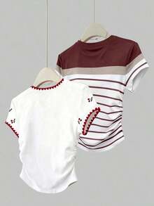 Set de 2 blusas de verano para mujer, camisetas con cintura ceñida, diseño de unicolor, burdeos y negro clásicos, de alta gama, para estudiantes, uso casual diario, adecuado para salir, ir de compras, usar en la oficina - Multicolor 7 - Ver 2