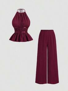 Conjunto de 2 piezas estilo francés relajado con camiseta sin mangas de cintura ceñida y pantalón ancho de pierna holgada, un conjunto de moda para mujeres - Burdeos - Ver 1