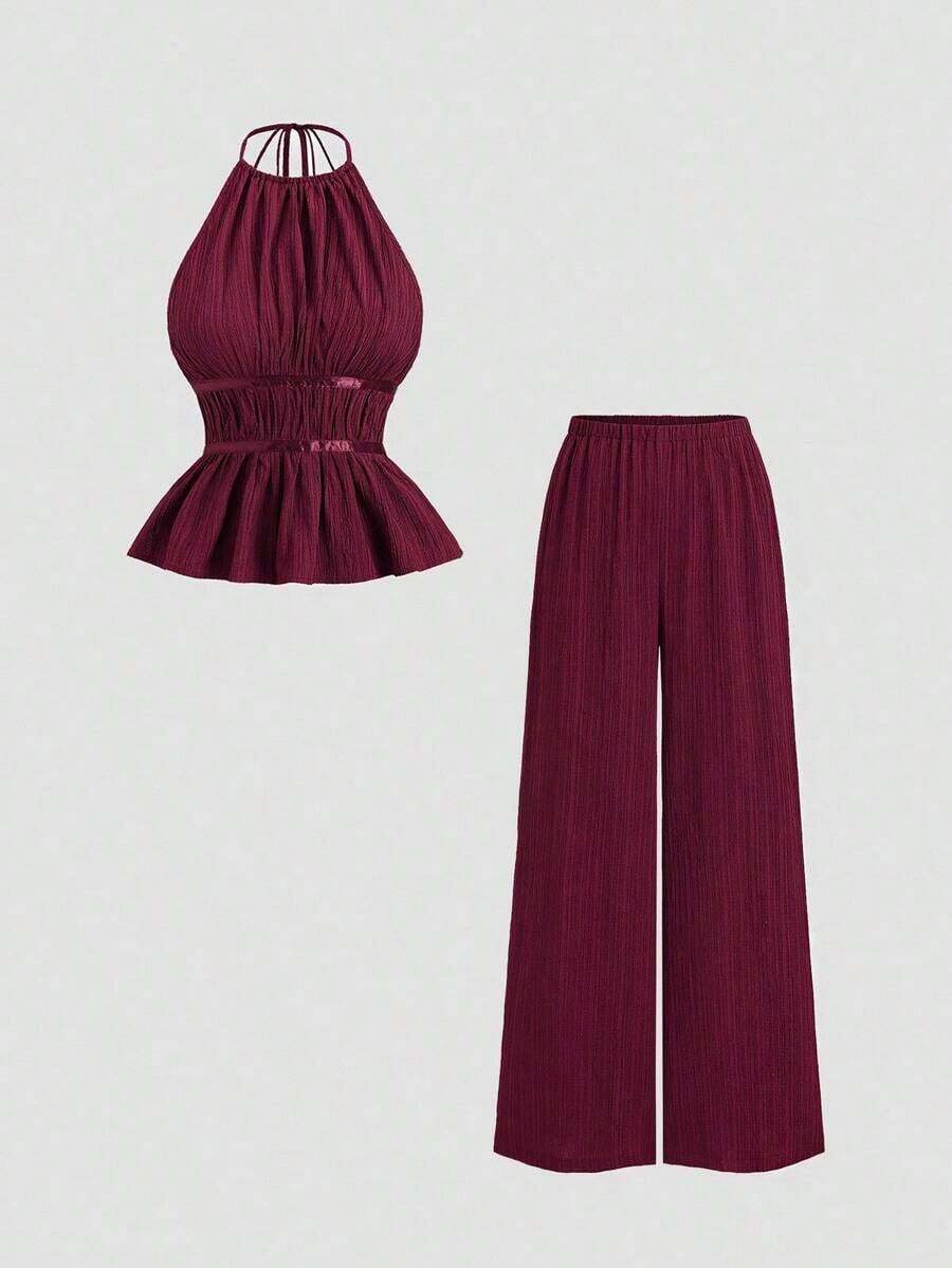 Conjunto de 2 piezas estilo francés relajado con camiseta sin mangas de cintura ceñida y pantalón ancho de pierna holgada, un conjunto de moda para mujeres - Burdeos - Ver 1