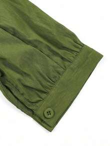 ii Blusa de manga larga con volantes, parches de encaje y unicolor casual blanca para primavera - Verde militar - Ver 7