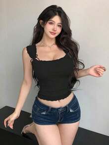 Camiseta ajustada sin mangas con adorno de encaje y atar para mujeres - Negro - Ver 4
