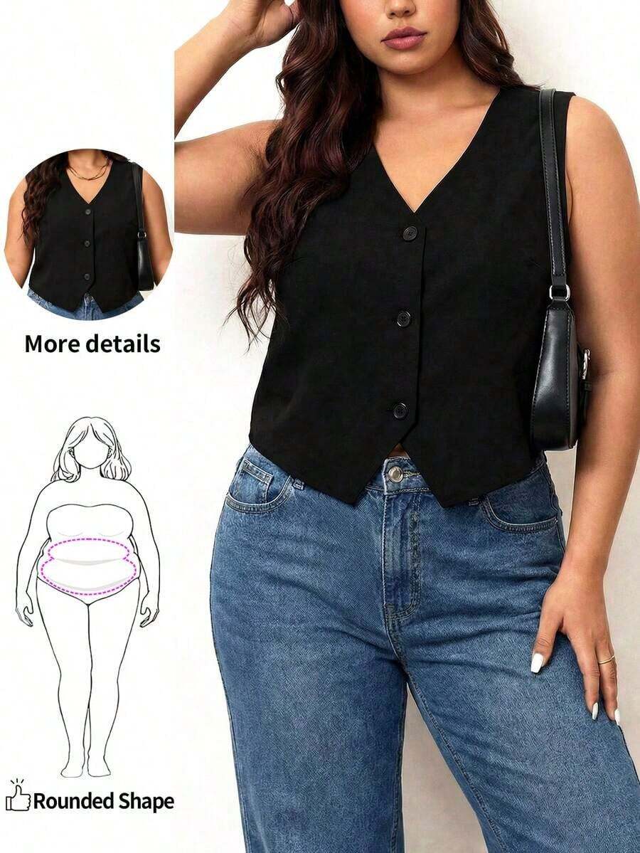 Chaleco negro ligero de talla grande, ropa de oficina para mujer, para silueta de manzana y redondeada, para el verano - Negro - Ver 1