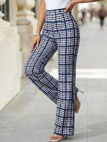 Pantalones elásticos de punto con estampado de cuadros elegantes para mujer, adecuados para varias ocasiones, como vacaciones de verano, viajes elegantes y uso diario - Azul y blanco - Ver 6