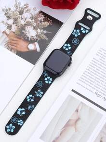 Floral Carved Watch Band, Compatible With Apple Watch Band 41Mm 40Mm 44Mm 45Mm 42Mm 38Mm 49Mm 46Mm, Cute Flowers, Soft Silicone Sport Band Compatible With Apple Watch Series 11 10 Se 9 8 7 6 5 4 3 Ultra, Women'S Fashion Floral Elements Watch Band,Compatible With Apple Watch Strap - LD004 Floral - Black and Ice Blue - View 4