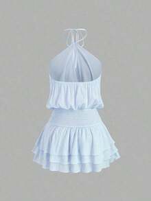 Vestido mini con espalda descubierta, estilo sexy y picante, de cuello halter, adecuado para citas, vacaciones y verano - Celeste - Ver 2