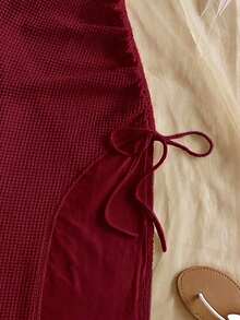Vestido de mujer con textura de gofre tejido, diseño ajustado con abertura y cordón, adecuado para fiesta, cita, sexy, té de la tarde, playa, verano, festival de música, temporada de bodas - Burdeos - Ver 4
