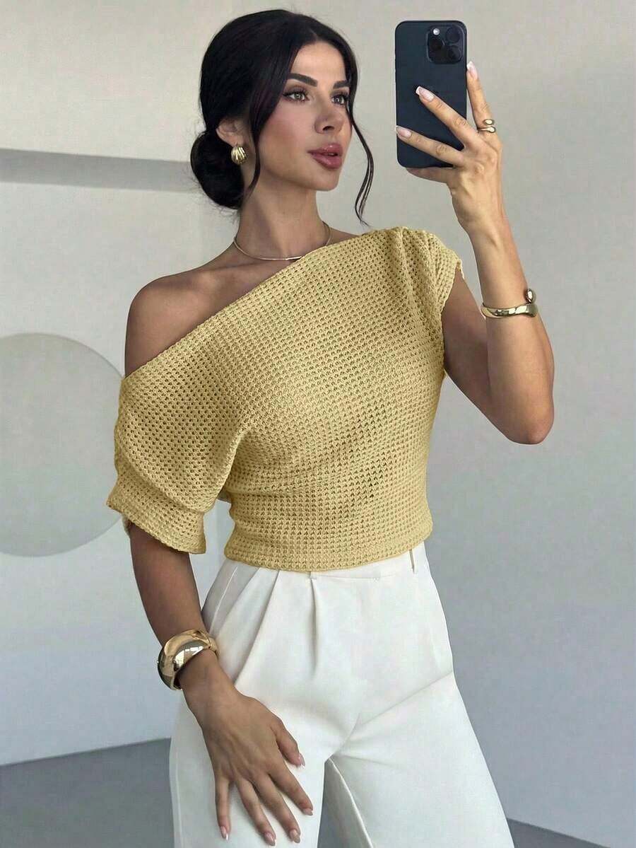 Camiseta de mujer con cuello asimétrico texturizado y mangas tipo murciélago, blusa de tela perforada, adecuada para primavera y verano, para ir al trabajo, elegante, casual, diaria, ocasiones de trabajo.Blusa de mujer de color amarillo claro.Ca - Amarillo - Ver 1